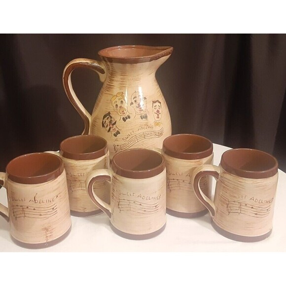 Nasco "Sweet Adeline" Handpainted 1950s Pottery Pitcher & Mugs (5) Barbershop - Picture 4 of 9